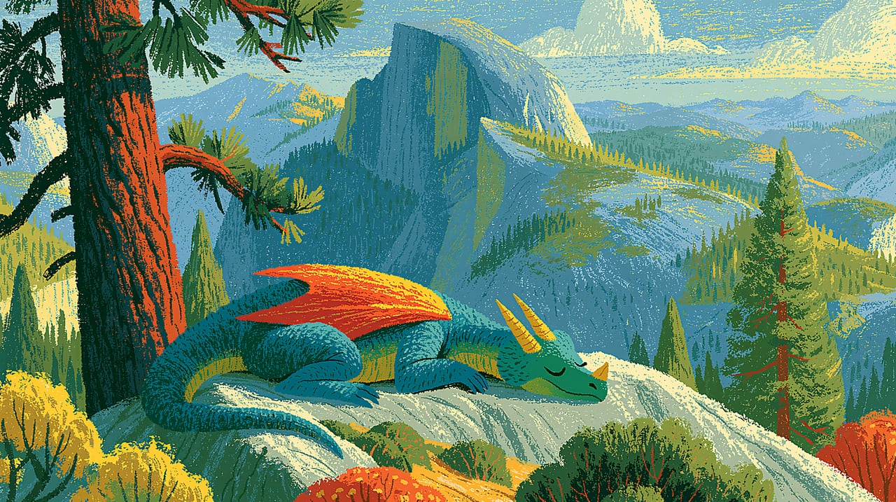 Painting of a dragon sleeping on a granite ridge beneath a pine, Half Dome and forested valleys behind