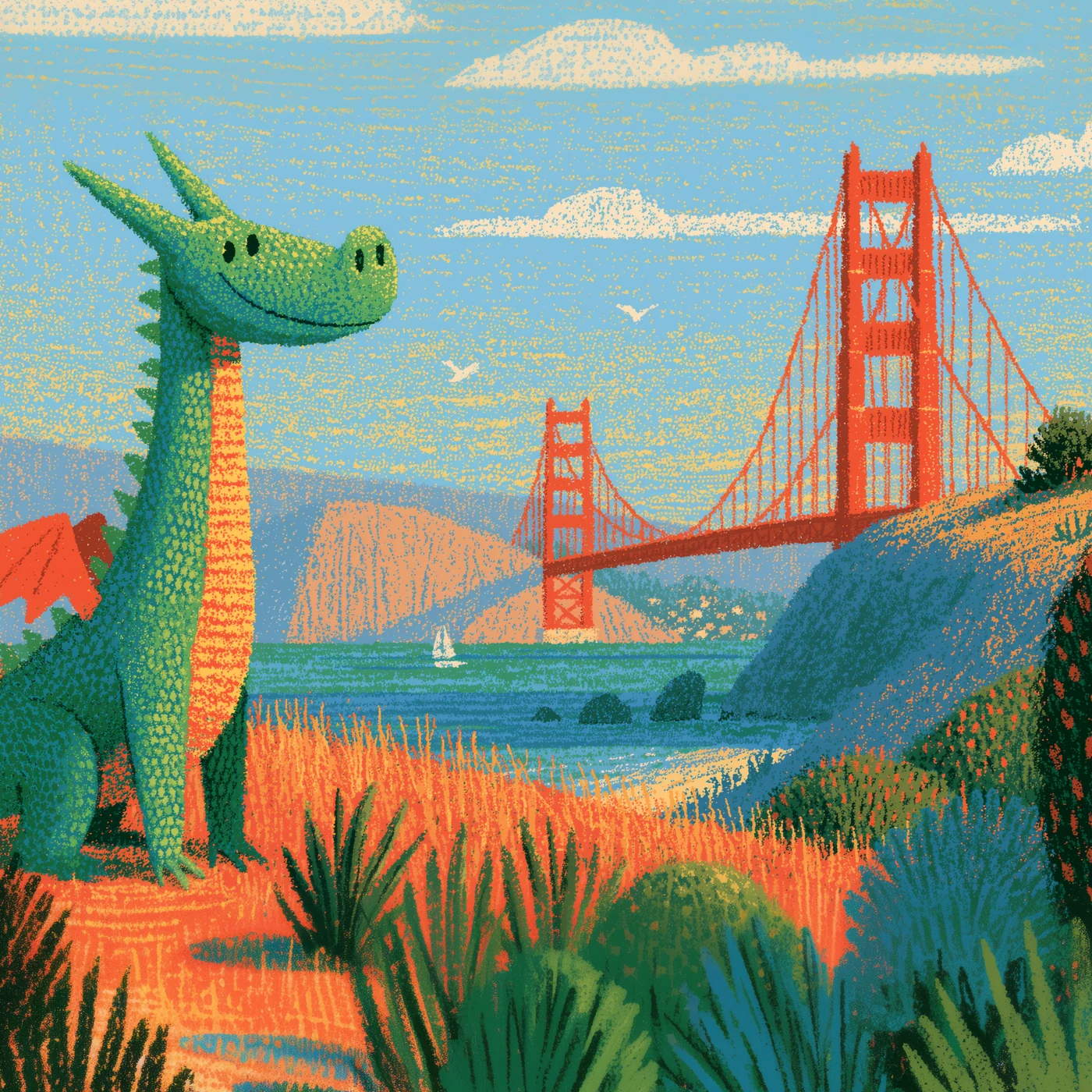 A friendly green dragon overlooking the Golden Gate Bridge