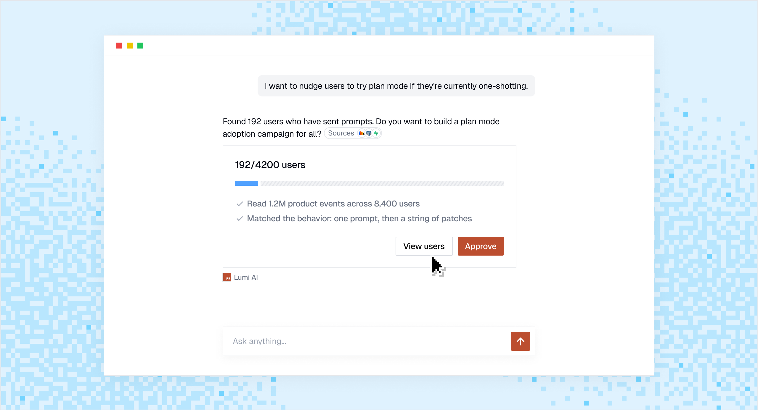 Lumi finds 192 users who qualify for a plan-mode adoption campaign and presents the goal for approval.