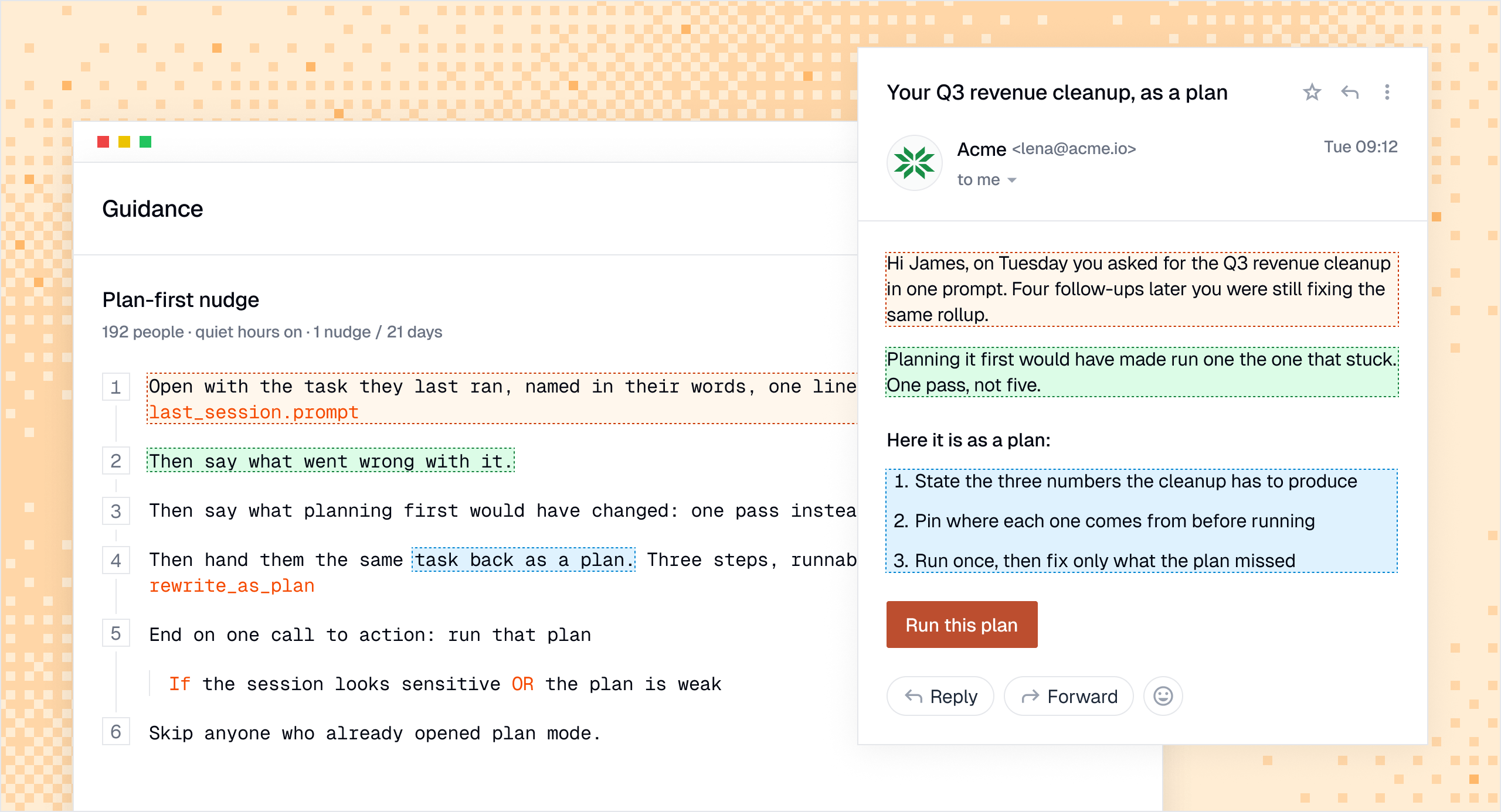 A six-step campaign brief beside the personalized email it produces.